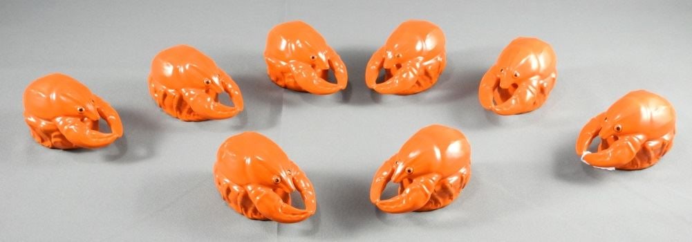Set of 8 Red Glazed Czechoslovakian Earthenware Lobster Butter Pots, 5"L.: Set of 8 Red Glazed Czechoslovakian Earthenware Lobster Butter Pots, 5"L.