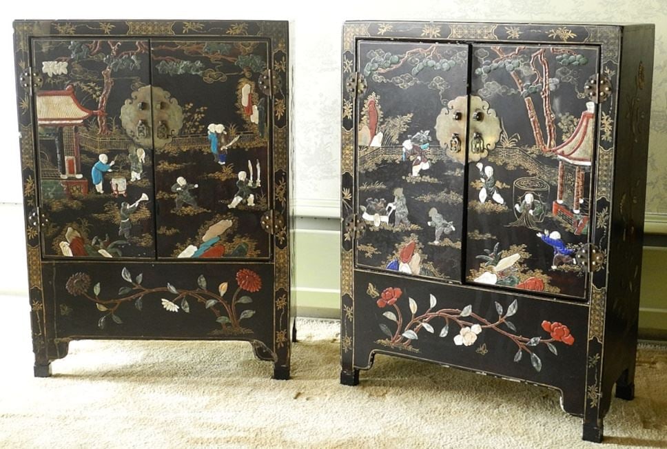 Pair of Chinese Hardstone Decorated Cabinets, 23 1/2" x 10 1/2" x 32"h. (1 of 7)