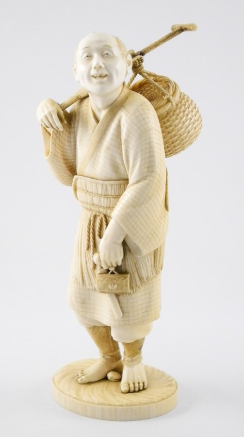 Japanese Carved Peasant with Basket, Pouch & Pipe, signed, 7 3/4"h. NO EXPORT. (1 of 4)