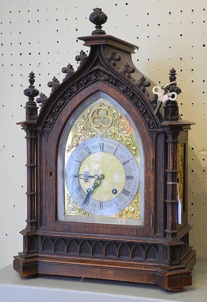 Gothic Revival Oak Table Clock with Lenskirch AUG Movement, 20 3/4" x 14 1/2" x 8 1/4". (1 of 7)