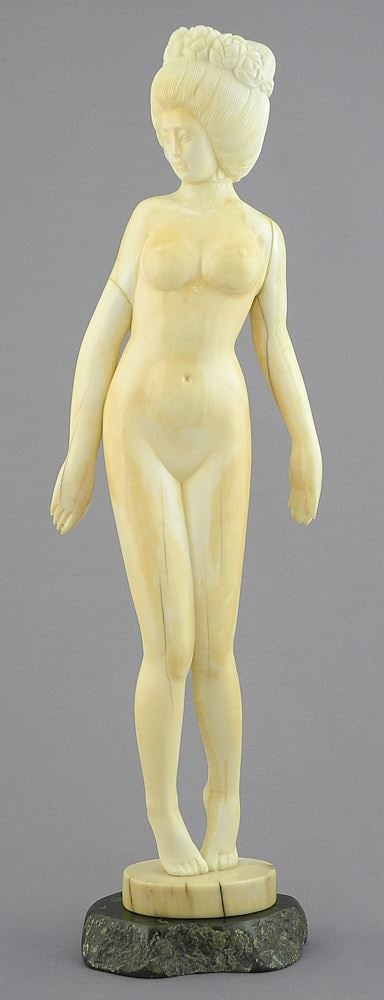 Walrus Tusk Figure on Jade Base, signed C. Min, TH 13".: Walrus Tusk Figure on Jade Base, signed C. Min, TH 13".