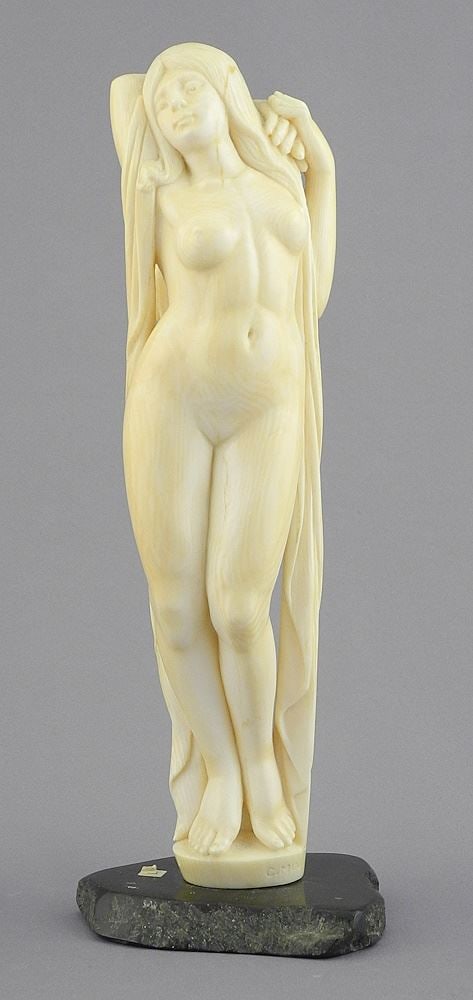 Walrus Tusk Figure on Jade Base, signed C.Min, TH 8 1/2".: Walrus Tusk Figure on Jade Base, signed C.Min, TH 8 1/2".