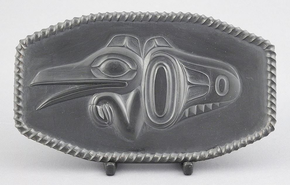 Argillite Carving signed Dwight D. Pinay, 5 5/8"w, "Raven Plaque". (1 of 9)