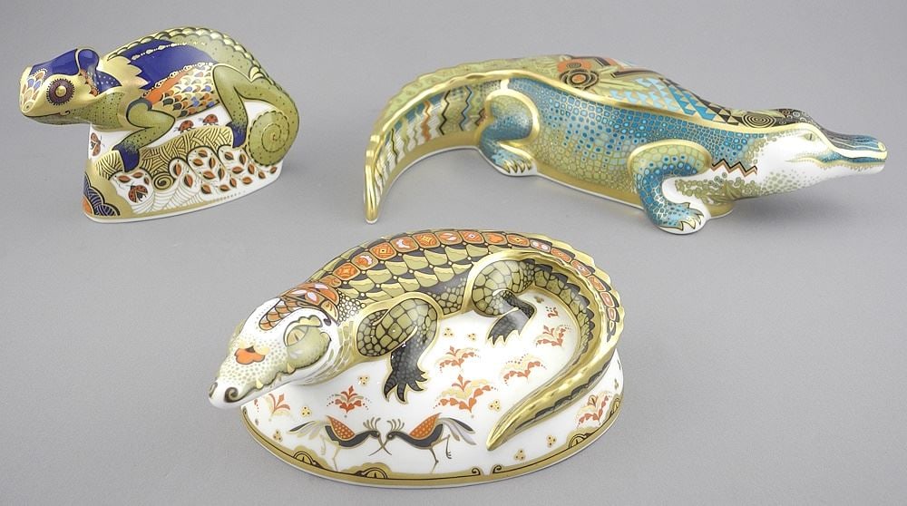 Royal Crown Derby "Alligator" (10"L) , "Crocodile" & "Chameleon" Paperweights.: Royal Crown Derby "Alligator" (10"L) , "Crocodile" & "Chameleon" Paperweights.