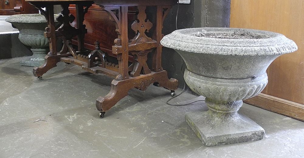 Pair of Concrete Exterior Garden Urns, Approx. 25" Diameter (as found).: Pair of Concrete Exterior Garden Urns, Approx. 25" Diameter (as found).