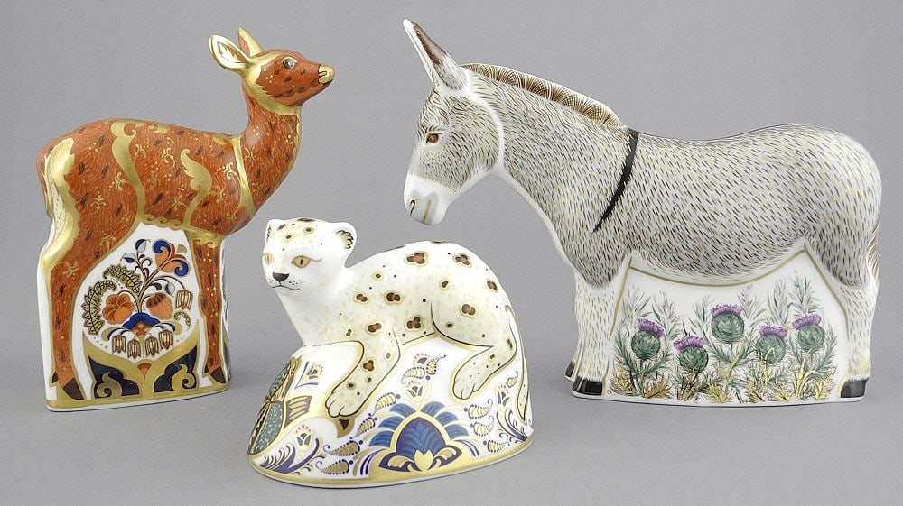 Royal Crown Derby "Donkey" (6 1/2"), "Fawn" & "Leopard Cub" Paperweights.: Royal Crown Derby "Donkey" (6 1/2"), "Fawn" & "Leopard Cub" Paperweights.