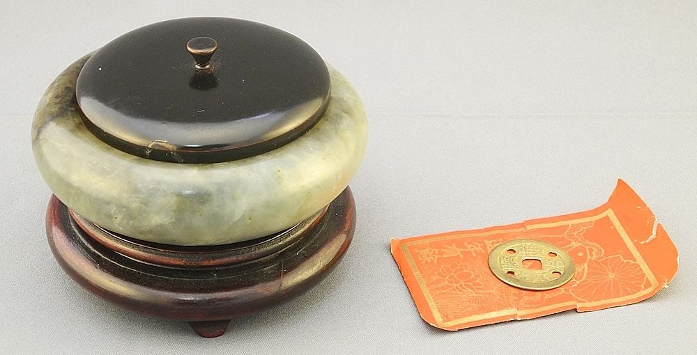 Chinese Jade Brush Washer 4"d. with Stand & Cover Enclosing Lucky Coin. (1 of 9)