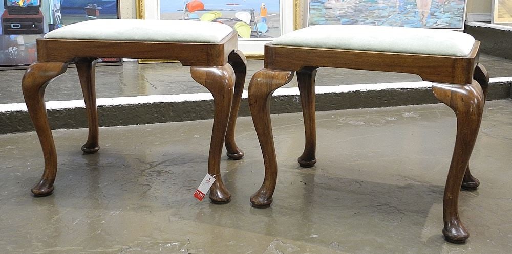 Pair of Queen Anne Style Walnut Stools, 18" High. (1 of 6)
