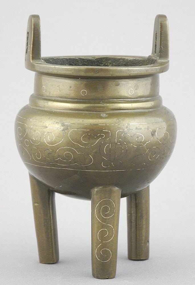 19th C. Chinese Silver Inlaid Bronze Censer with Shi Sou Mark, 4 3/8"h, 391g. (1 of 8)