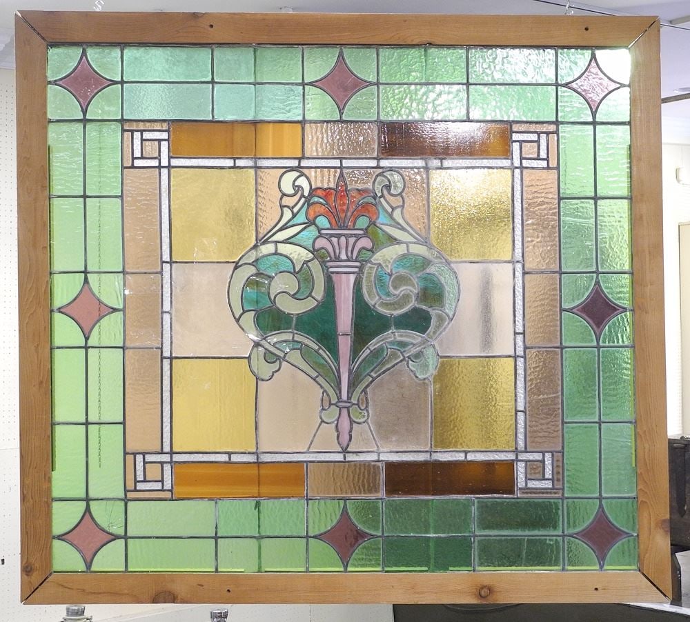 Leaded Glass Panel, 45 3/4" x 50 3/4" Framed, 51 3/8" x 56" (1 loose panel, 3 cracked panels).: Leaded Glass Panel, 45 3/4" x 50 3/4" Framed, 51 3/8" x 56" (1 loose panel, 3 cracked panels).