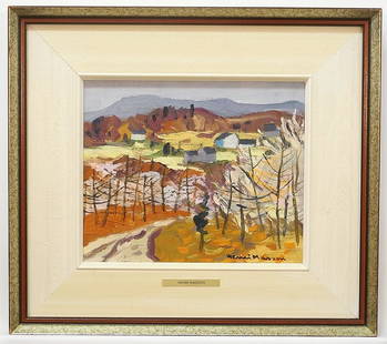 Oil on Masonite signed Henri Masson, 10" x 12", "Late Autumn Luskville Que.".: Oil on Masonite signed Henri Masson, 10" x 12", "Late Autumn Luskville Que.".
