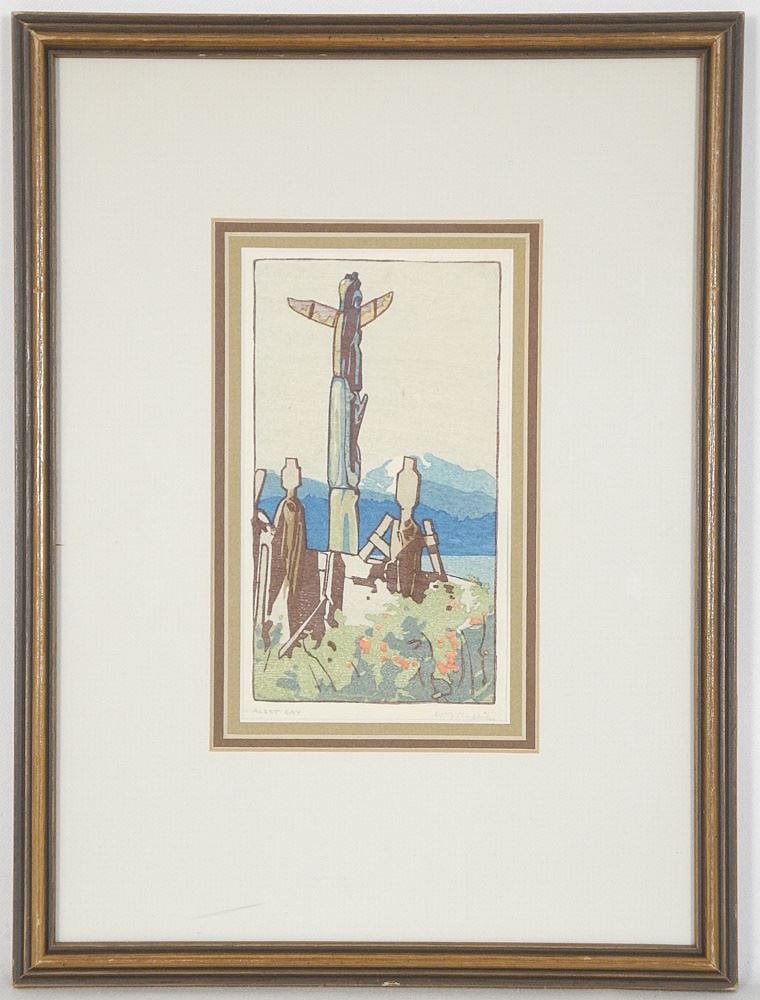 Colour Woodcut signed W.J. (Walter Joseph) Phillips, 6 1/4" x 3 1/2", "Totems, Alert Bay" 1936. (1 of 6)