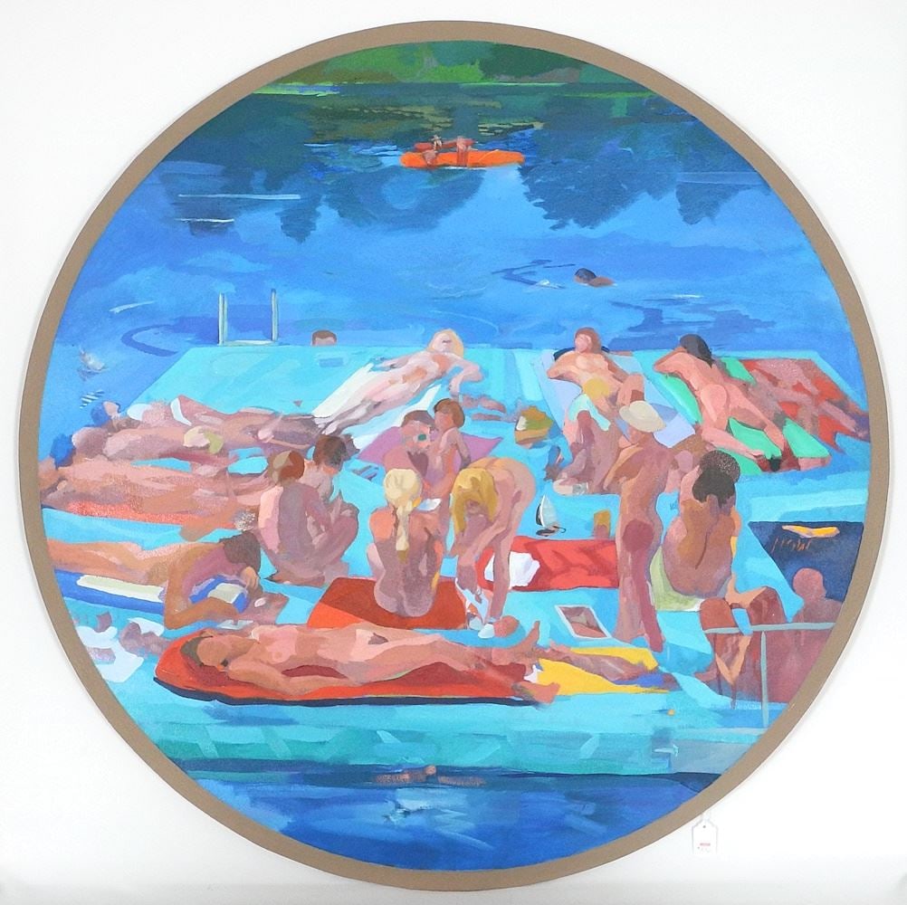 Oil on Canvas by Glenn Howarth, 43" Diam., "Sunbathers on Dock at Prior Lake". (1 of 4)