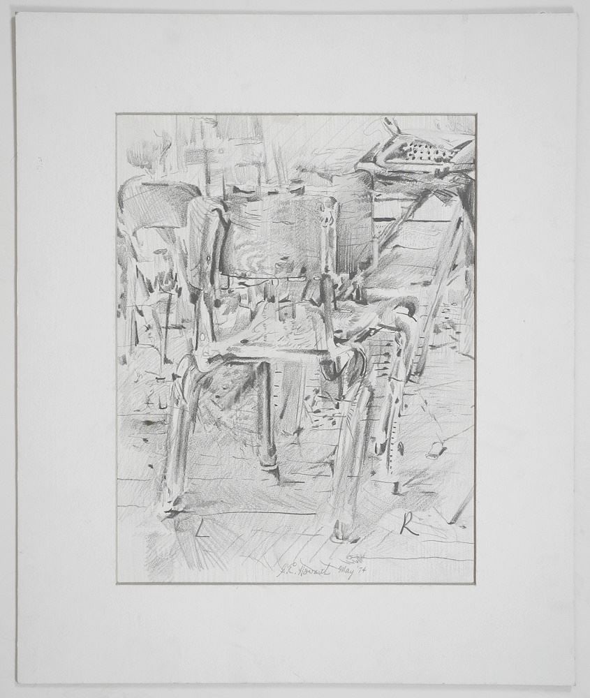 Graphite on Paper signed G.E. Howarth May'74, 12 1/2" x 9 5/8", "Still Life with Chairs".: Graphite on Paper signed G.E. Howarth May'74, 12 1/2" x 9 5/8", "Still Life with Chairs".
