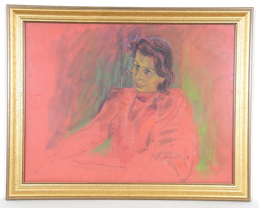 Pastel on Paper signed (Joseph) Plaskett'69, 19" x 25", "Woman in Red".: Pastel on Paper signed (Joseph) Plaskett'69, 19" x 25", "Woman in Red".