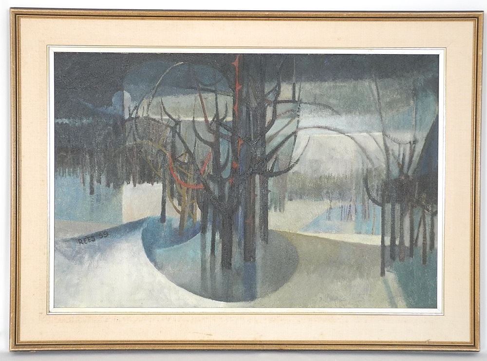 Oil on Masonite signed (Geoffrey D.) Rees'59, 23 1/2" x 35 5/8", "Late Winter".: Oil on Masonite signed (Geoffrey D.) Rees'59, 23 1/2" x 35 5/8", "Late Winter".