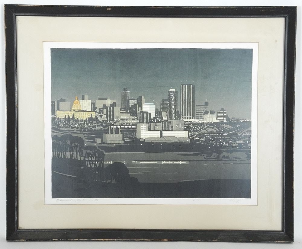 Woodblock Print signed (George) Weber, 12" x 15 5/8", "Edmonton Nocturne". (1 of 6)