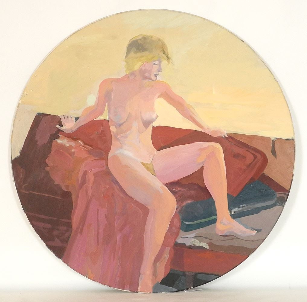 Oil on Board by Glenn Howarth, 23 1/4" Diam., "Posing Nude Model".: Oil on Board by Glenn Howarth, 23 1/4" Diam., "Posing Nude Model".