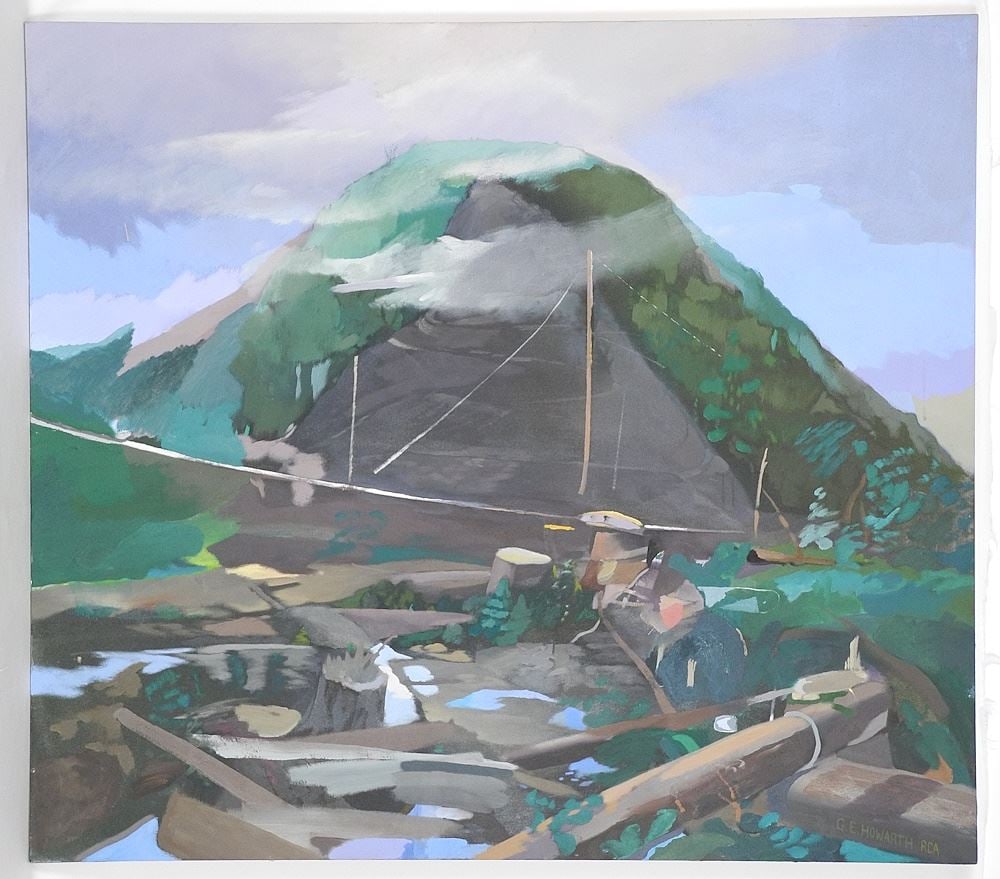 Oil on Canvas signed G.E. Howarth RCA, Verso May 1977, 41 7/8" x 46 7/8", "Logging Site". (1 of 8)