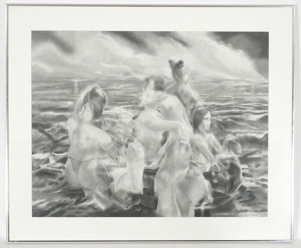Graphite on Paper signed Glenn E Howarth'97, 22" x 28", "Raft Party".: Graphite on Paper signed Glenn E Howarth'97, 22" x 28", "Raft Party".