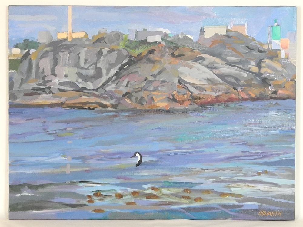 Oil on Canvas signed Howarth, 18" x 24", "Duck in Coastal Scene (H H14)".: Oil on Canvas signed Howarth, 18" x 24", "Duck in Coastal Scene (H H14)".