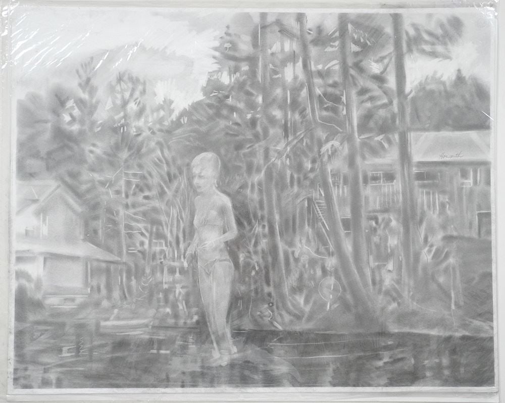 2 Graphite on Paper, 1 signed Howarth, 22 3/8" x 28 3/8", "Coastal House Scenes with Girl..." (1 of 3)