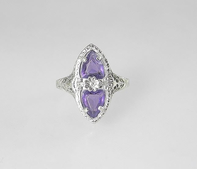 14K (marked) White Gold Art Deco Amethyst Ring with Box, Size 7, 2.3g (1 of 4)
