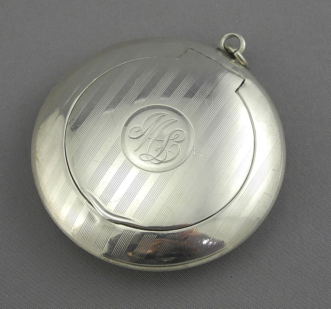 R B Co. Sterling (marked) Silver Pill/Cosmetic Box, 2 1/8" Diam., 26.52g, Inscribed.: R B Co. Sterling (marked) Silver Pill/Cosmetic Box, 2 1/8" Diam., 26.52g, Inscribed.