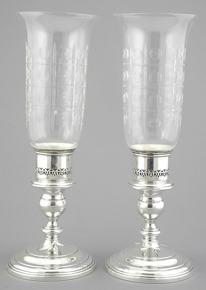 Pair of Gorham Cement Filled Sterling Silver Hurricane Candlesticks (wrinkles not (1 of 1)