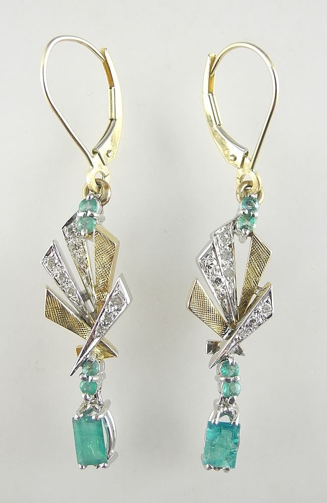 Pair of 14K (marked) Yellow Gold Columbian Emeralds & Diamond Earrings, 4g.: Pair of 14K (marked) Yellow Gold Columbian Emeralds & Diamond Earrings, 4g.