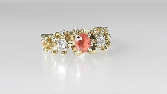 14K (marked) Yellow Gold Diamond & Pink Stone Ring with Box, Size 6, 4.3g. (1 of 5)