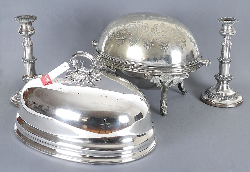 Collection of Antique Silver Plated Wares: Cylinder Dish / OSP Sticks / Cloche, 14"w. (1 of 6)