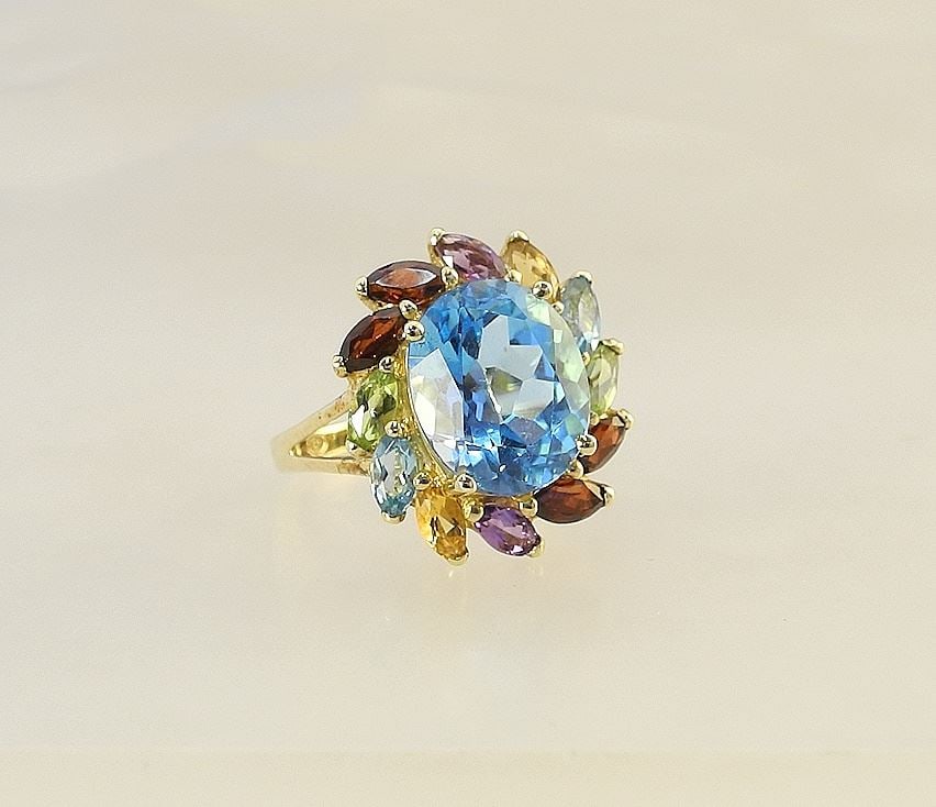 10K (marked) White Gold Swiss Blue Topaz & Multi Gemstone Ring, Size 7, 4.5g. (1 of 5)