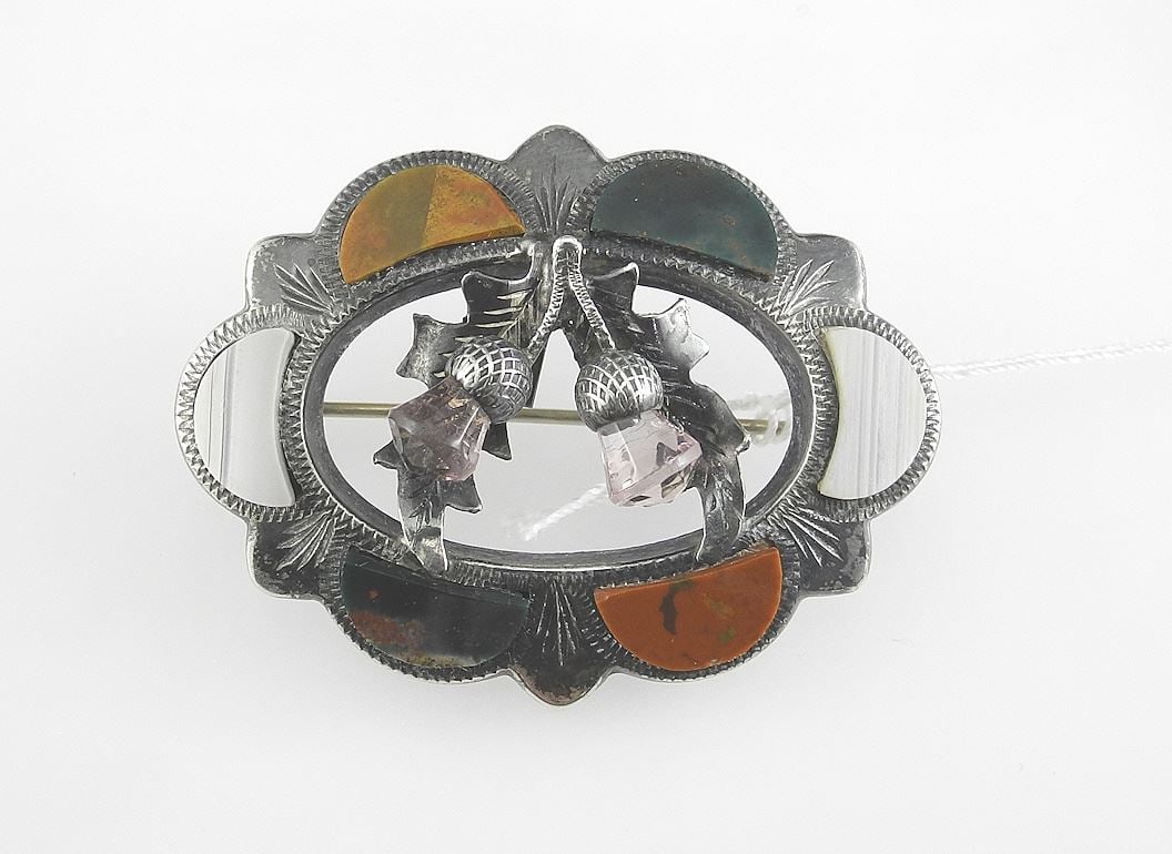 Scottish Silver Amethyst & Agate Brooch, 1 3/4"w, 10.39g. (1 of 3)