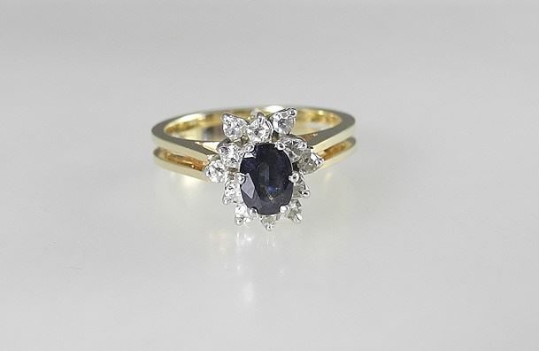 14K (marked) Yellow Gold Sapphire & Diamond Ring, Size 5 3/4, 4.4g, with Box. (1 of 5)