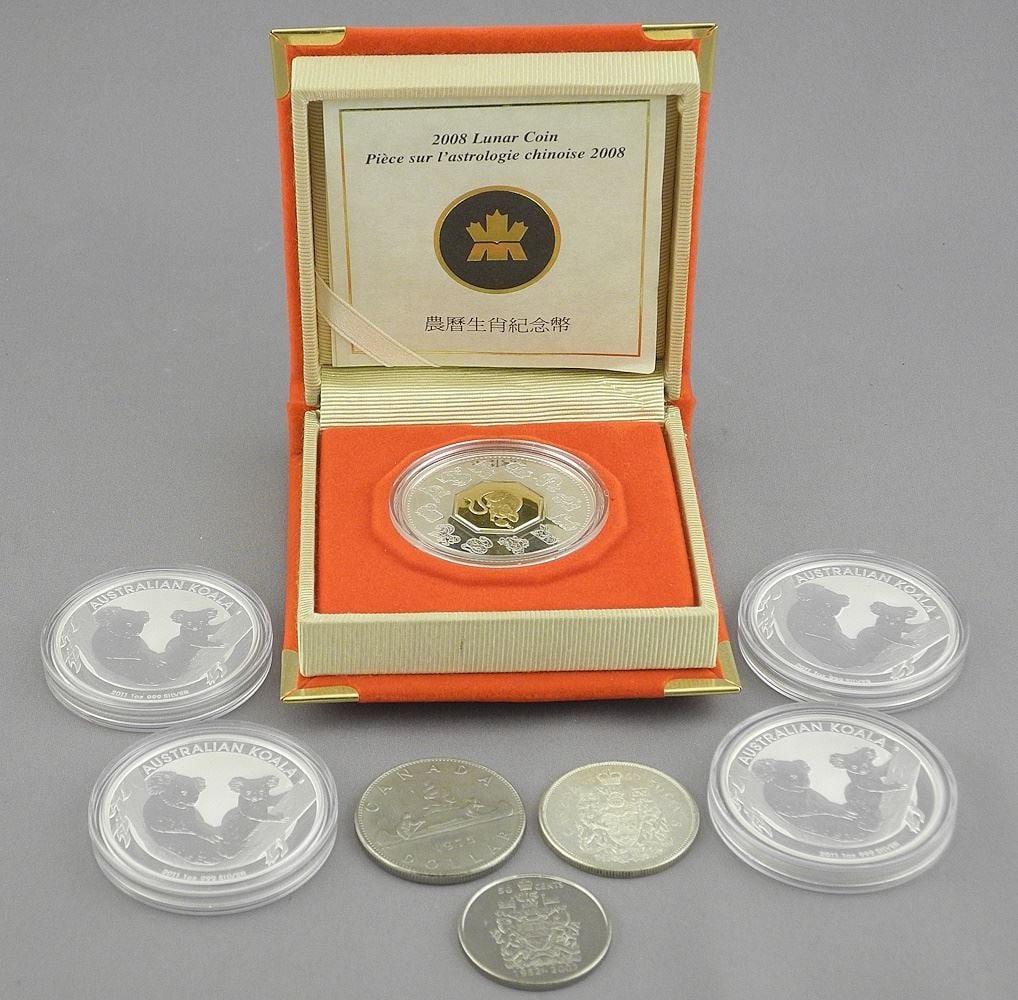 Collection of Silver Coinage: $15 RCM 2008 Lunar / 4 x $1 Aus 2011 / Various.: Collection of Silver Coinage: $15 RCM 2008 Lunar / 4 x $1 Aus 2011 / Various.