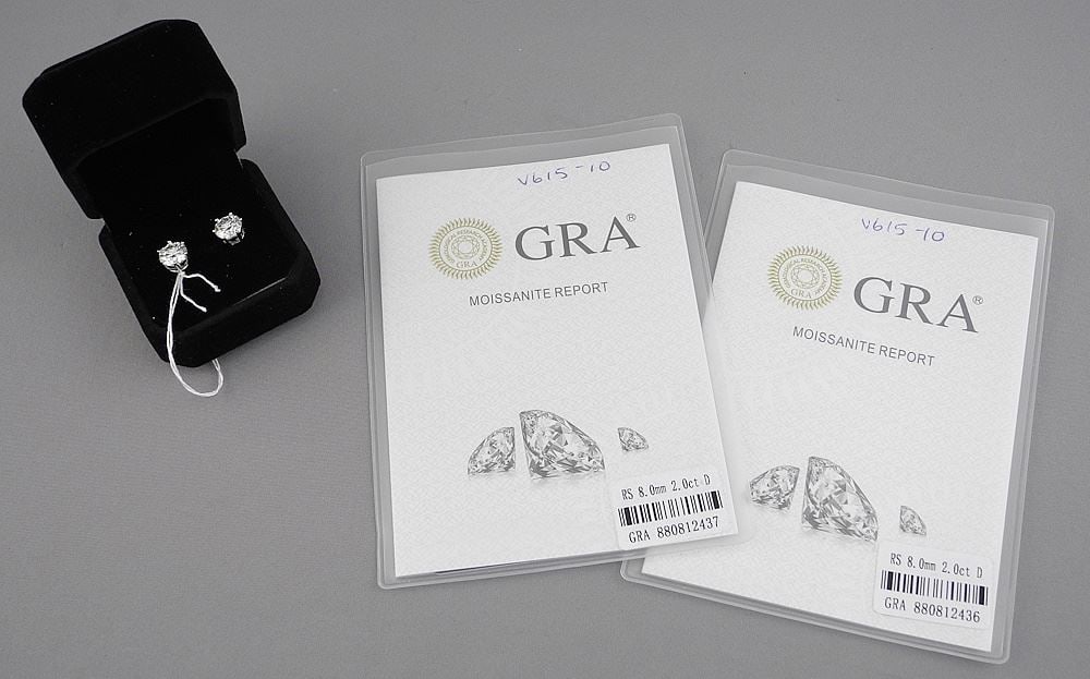 2c (each) Moissanite Stud Earrings, Mounted in Sterling Silver with White Gold Overlay.: 2c (each) Moissanite Stud Earrings, Mounted in Sterling Silver with White Gold Overlay.