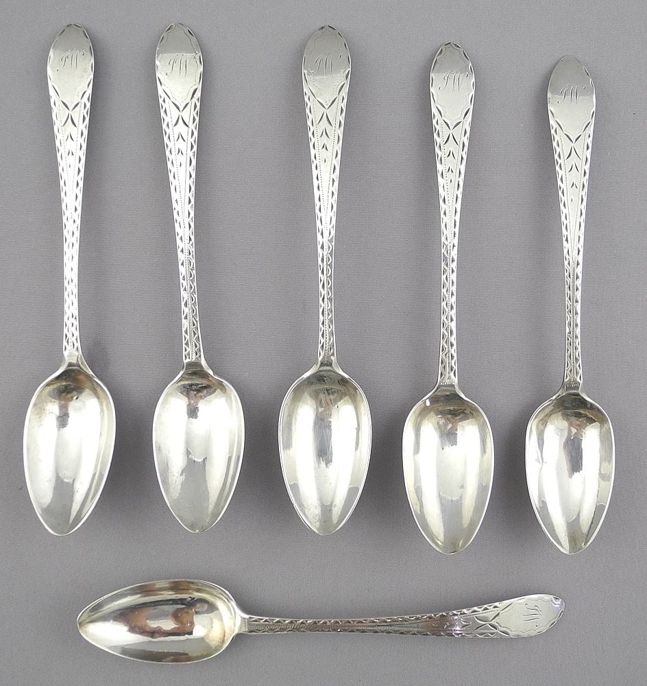 6 Scottish Bright Cut Silver Spoons, W. Auld, Edinburgh, C.1800, 5 1/4"L, 66g. (1 of 3)