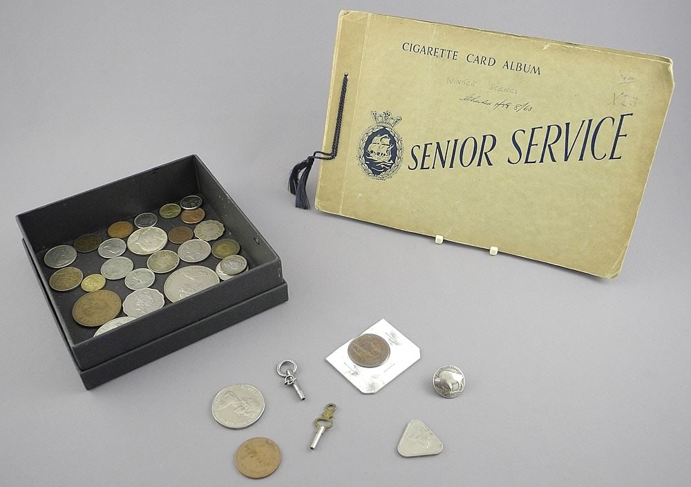 Silver & Other Watch Keys/Coin Collection, (some silver)/Cigarette Card Album.: Silver & Other Watch Keys/Coin Collection, (some silver)/Cigarette Card Album.