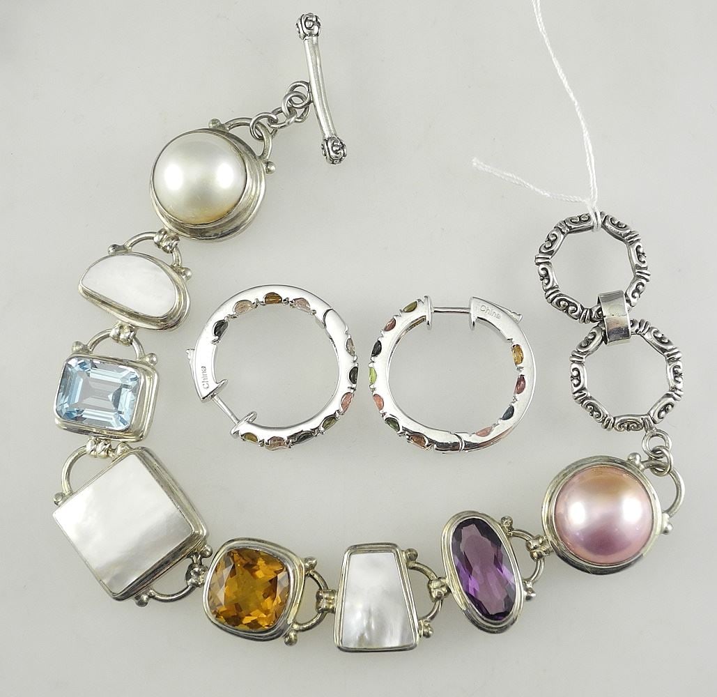 Sterling (marked 925) Mabe Pearl/ Amethyst/Topaz/Tourmaline Bracelet & Earrings, 64.2g, 8 1/4"L.: Sterling (marked 925) Mabe Pearl/ Amethyst/Topaz/Tourmaline Bracelet & Earrings, 64.2g, 8 1/4"L.