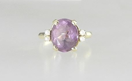 14K (marked) Yellow Gold Amethyst & Seed Pearl Ring, Size 7 1/2, 3.7g. (1 of 4)