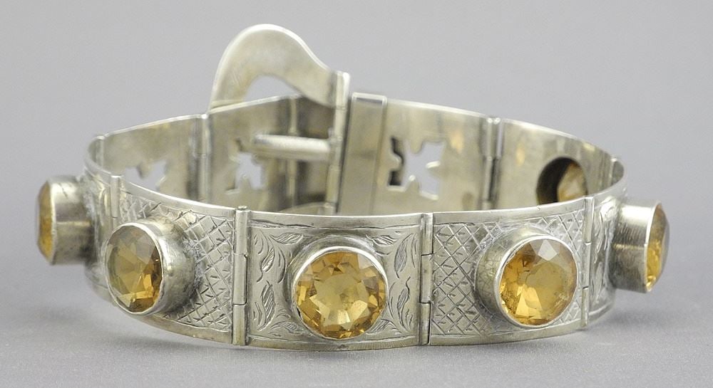 Scottish Unmarked Silver Cairngorm Bracelet with 1861 Inscription to Buckle, 8 5/8"L, 28.8g.: Scottish Unmarked Silver Cairngorm Bracelet with 1861 Inscription to Buckle, 8 5/8"L, 28.8g.