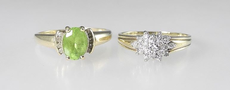 Two 10K (marked) Gold Rings: Peridot /7 1/2/2.7g & Diamond/7/2.6g. (1 of 3)