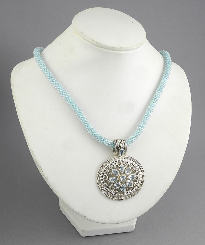 Nepalese Sky Blue Topaz & Sterling (marked 925) Necklace & Pendant, 16 1/2"L. (1 of 4)