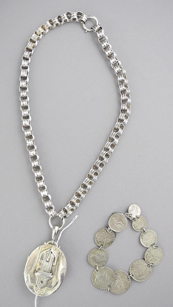 Georgian/Victorian Coin Bracelet (approx. 23.38g, 7"L) & Unmarked Locket Necklace, 16"L, 35. (1 of 3)