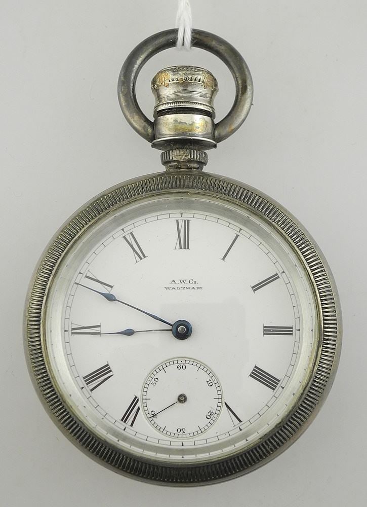 AW Co. Waltham Coin (marked) Silver Pocket Watch, 2 1/4" Diam, 161g (as found). (1 of 2)