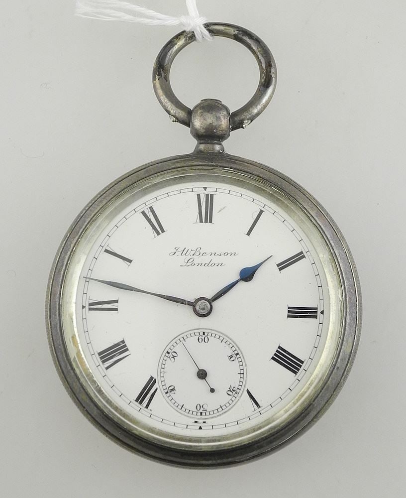 J.W. Benson London Hallmarked Silver "The Ludgate Watch", 2" Diam., 124g.: J.W. Benson London Hallmarked Silver "The Ludgate Watch", 2" Diam., 124g.