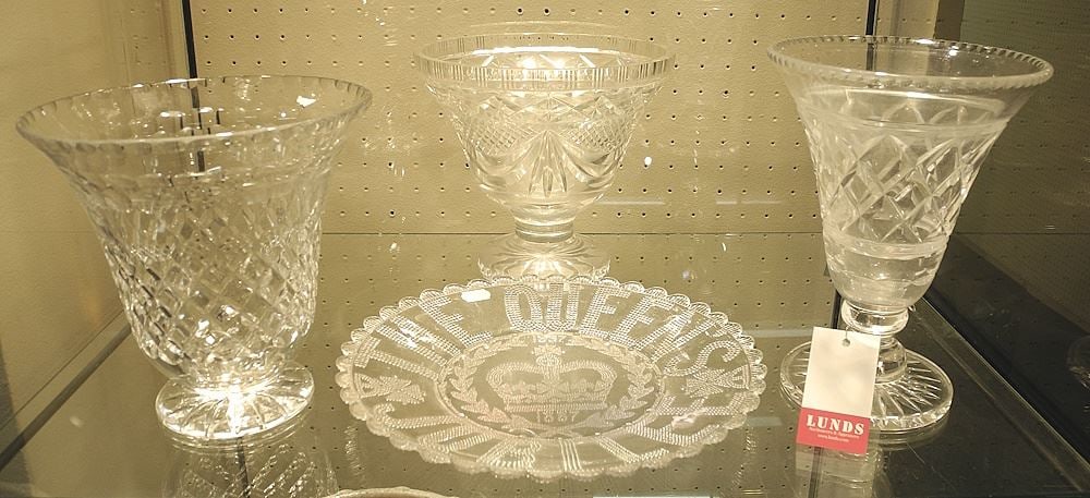3 Cut Crystal Vases (7 1/8" - 8 1/4" h), & 1887 Queen's Jubilee Glass Dish. (1 of 5)