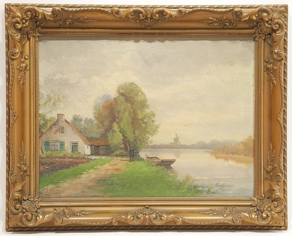 Dutch Oil on Canvas signed J. Bollee , 12" x 16", "Canal View with Windmill".: Dutch Oil on Canvas signed J. Bollee , 12" x 16", "Canal View with Windmill".