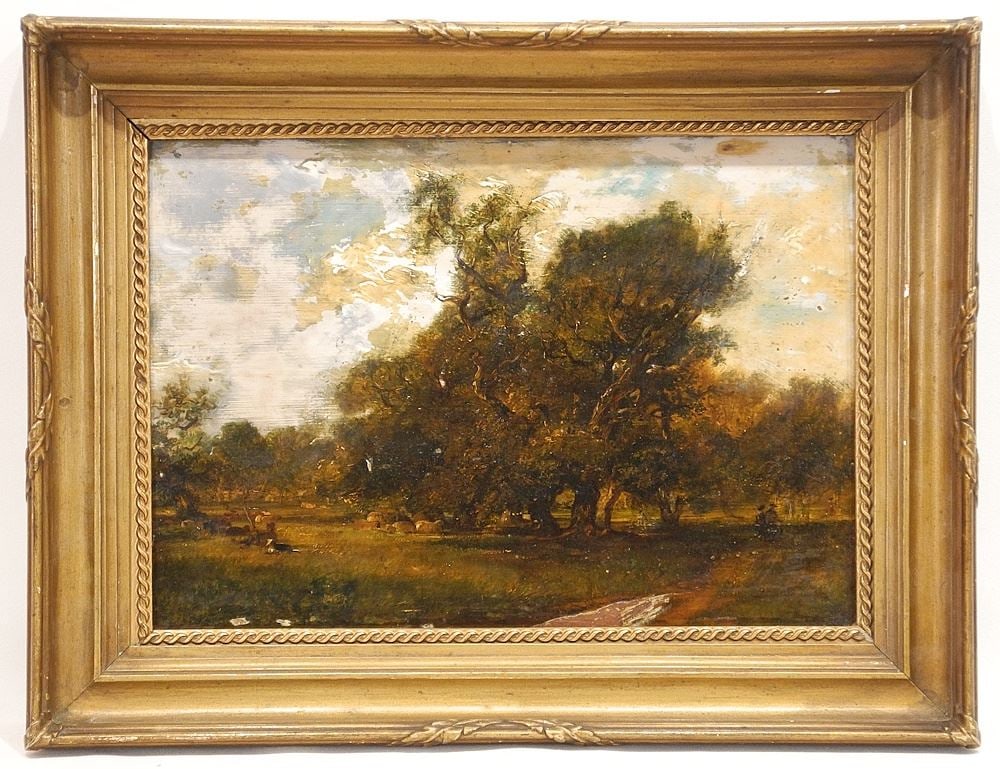 Oil on Board Attributed to James Stark, 10 1/4" x 14 1/2", "Pastoral View with...". (condition: Oil on Board Attributed to James Stark, 10 1/4" x 14 1/2", "Pastoral View with...". (condition